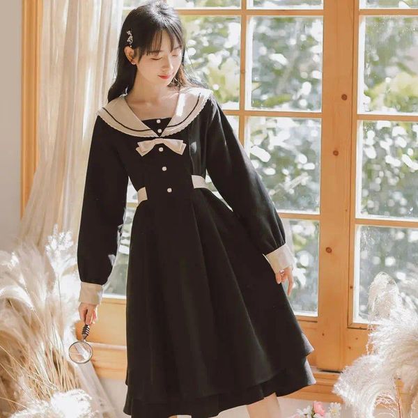 Vestidos casuales estilo francés vintage empalme manga larga mujeres 2024 otoño invierno dulce universidad cuello marino arco a-line vestido negro