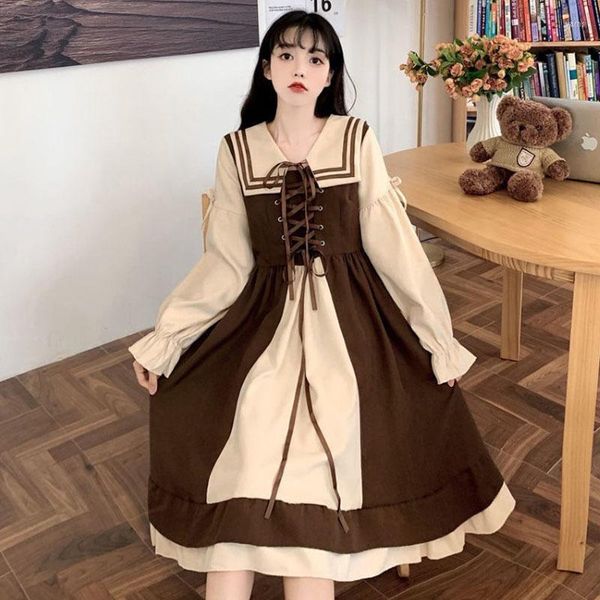 Vestidos casuales francés dulce Hada Kawaii de talla grande ropa Lolita Vintage mujer azul marino cuello marinero vestido Patchwork manga farol volantes