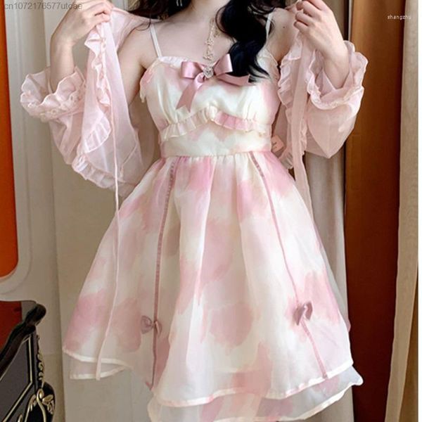 Vestidos informales, vestido rosa de hada dulce francesa para mujer, conjunto de 2 piezas elegante y elegante para mujer, regalo de cumpleaños para niña de verano Lolita