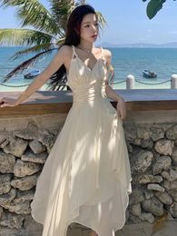 Casual Kleider Französisch Süße Taille Reine Weiße Sexy Slip Kleid Für Frauen 2023 Sommer V-ausschnitt Ärmellose Chiffon Lange Frauen