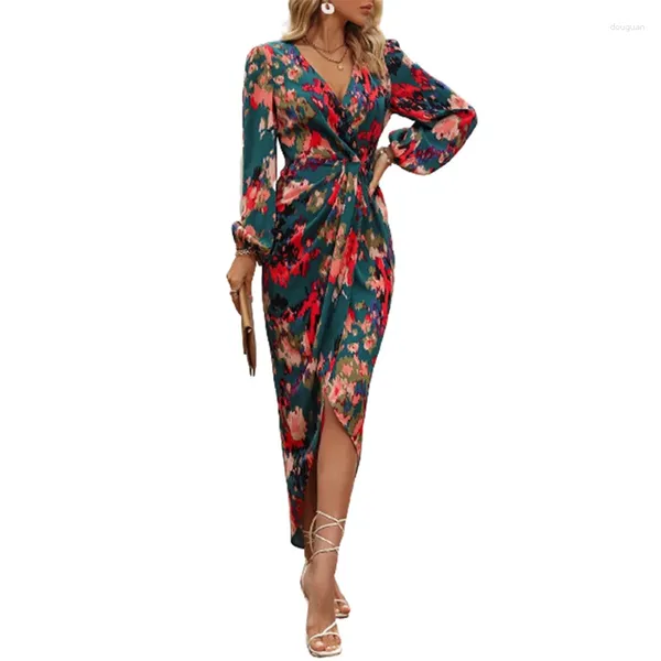 Vestidos casuales Francés Vintage Crossover V Cuello Jersey Mujeres Moda Flor Estampado Linterna Manga larga Vestido Mujer Irregular Hem Vestido