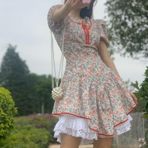Robes décontractées français Vintage fée robe florale femmes dentelle Patchwork fête coréenne Mini été doux imprimé Kawaii japonais 2022