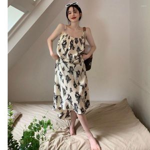 Casual jurken Franse vintage spaghetti riem dames enkel lengte jurk bloemenprint zomer preny sexy meisjes backless modekleding wit