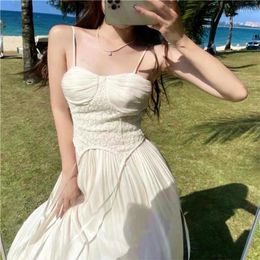 Vestidos casuais francês vintage branco suspender vestido mulheres verão solto longo noite elegante sem mangas festa sexy design