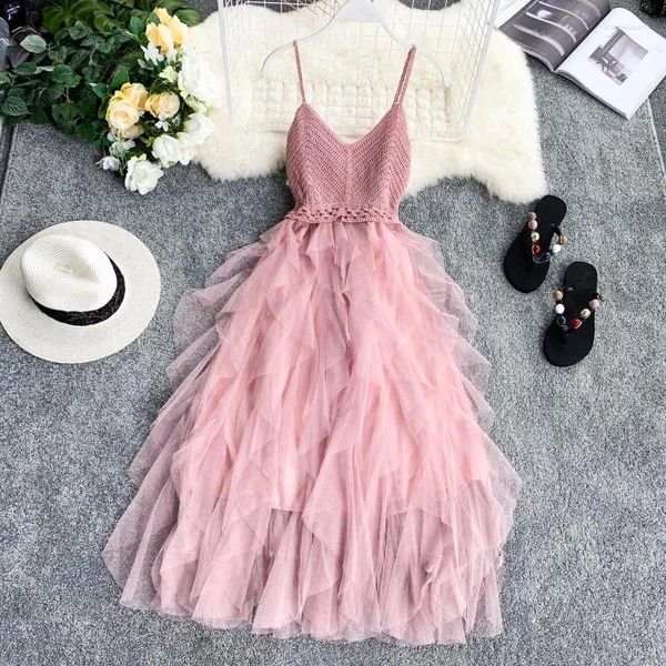 Vestidos casuales Frenchic Tulle Mujeres Crochet Patchwork Spaghetti Correa Irregular Malla Mujer Elegante Vestido Playa Sexy Vestidos Dropship