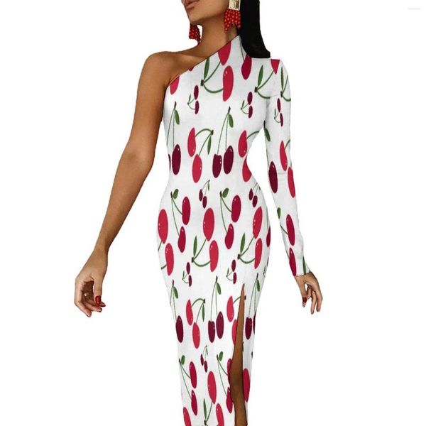 Vestidos casuales Vestido ajustado con estampado de frutas frescas para mujer Lindo patrón de cereza Kawaii Maxi Manga larga Estilo callejero Idea de regalo