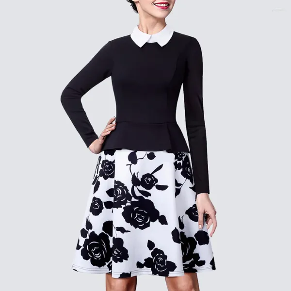 Vestidos informales frescos de una pieza estampada en línea floral A-line Peplum Vestido elegante Collar de manga completa Fit de manga completa y bocanada Ha027 HA027