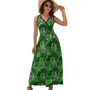 Casual jurken kikker cartoonjurk grappig veel kikkers groen patroon sexy strand long v nek bedrukte maxi esthetische kleding oversized