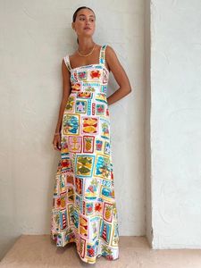 Casual jurken fruitplant print vakantie jurk vrouwen hoge taille slanke mouwloze zomerstrand a-line gesuspendeerde vierkante kraag lange mantel