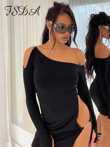 Casual jurken FSDA uitgesneden off-shoulder lange mouw mini bodycon jurk dames zomer sexy skinny party clubwear zwart