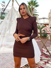 Robes Décontractées FSDA Évider Robe Moulante Mini Femmes Brun Automne Hiver Sexy O Cou À Manches Longues Élégant Parti Noir Club 221119