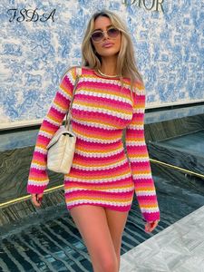 Casual jurken FSDA STRIPE GEELD Women Beach Dress Bodycon Backless Long Sleeve Groene Y2K Zomervakantie Sexy Party Mini 221121