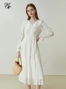 Casual jurken FSLE kanten revers ontwerp lentejurk dames zachte stijl patchwork a-lijn rokken beige volledige lengte hoge taille