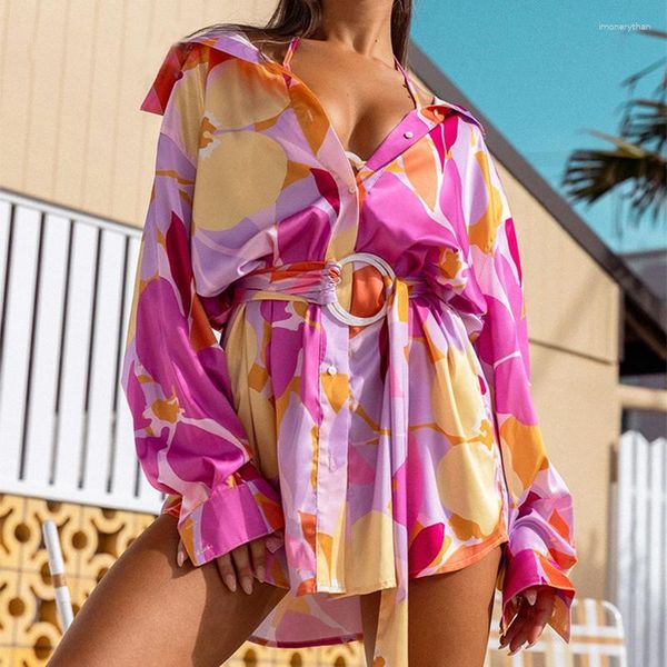 Vestidos informales FUFUCAILLM estilo bohemio de playa Mini vestido camisero de satén para mujer con fajas de gran tamaño de manga larga con cuello en V ropa de calle de otoño