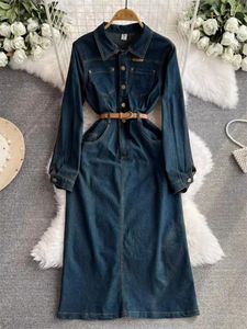 Casual jurken volle mouw temperament denimjurk 2024 lente zomer voor dames Franse high-end retro lange jeans vestidos k424