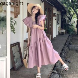 Vestidos casuales Gaganight mujeres francés vestido de manga pequeña 2023 verano suave cintura alta púrpura vacaciones una línea larga Mujer