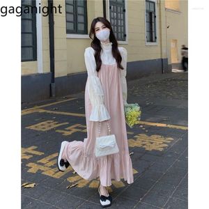 Vestidos casuales mujeres gaganight estilo francés rosa suave elegante elegante vestido para mujeres invierno 2024 camisa de manga acampanada colail de pescado