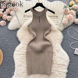 Vestidos casuales Gagaok American sin mangas Spicy Girls' Knitted Women's Summer Pure Desire Chain Hollow Out Waist Show Bodycon Vestidos