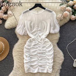 Casual Jurken Gagaok Franse O-hals Bubble Mouwen Geplooide Jurk Voor Vrouwen Zomer Taille Beneden Slanke Verpakte Heup Pittige meisje Mini Vestidos