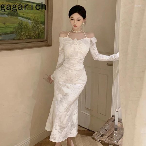 Robes décontractées Gagarich 2024 Royal Sister Sexy Celebrity 3d Flower Lace Robe suspendu au cou à l'épaule Luxury High End Slim Fishtail