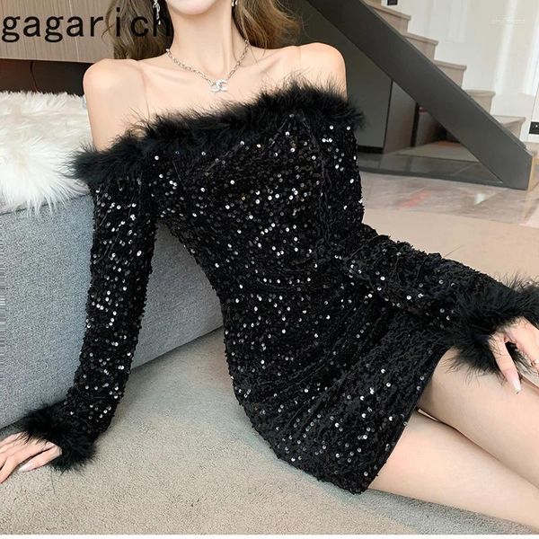 Robes décontractées Gagarich 2024 Sequin haut de gamme Sexy Socialite Style Off épaule Black Dame Robe Nightclub Bar Slinmming Banquet Femmes