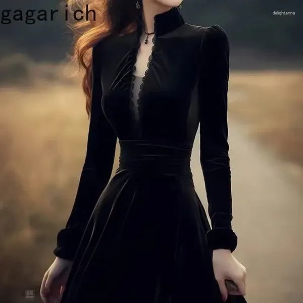 Vestidos casuales Gagarich moda 2024 alta luz lujo único hermoso elegante vestido de terciopelo negro mujeres primavera otoño vestidos largos