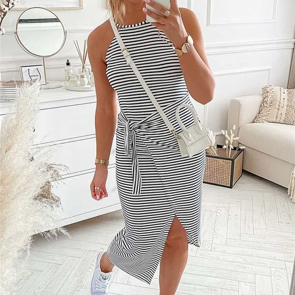 Robes Décontractées Gaono Casual Stripe Femmes Robe Élégant Halter Cou Sans Manches À Lacets Noir Robe D'été Robe Midi Robe Vestidos 230413