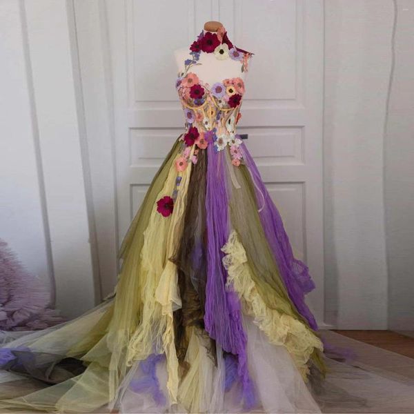 Robes décontractées Jardin 3D Floral Robe de bal Sweetheart Princesse Robes Violet Mix Couleur Tulle Long Poshoot