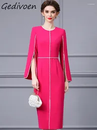 Robes décontractées Gedivoen Automne Fashion Designer Rose Red Vintage Robe Femme O Col Slit Slite Longte Paquet de taille haute mince