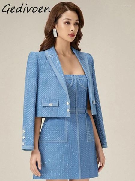 Robes décontractées Gedivoen Automne Fashion Designer Bleu Vintage Denim Robe Femmes Revers Poche Slim Manteaux Ceintures Mini Sling 2 Pièces Ensemble