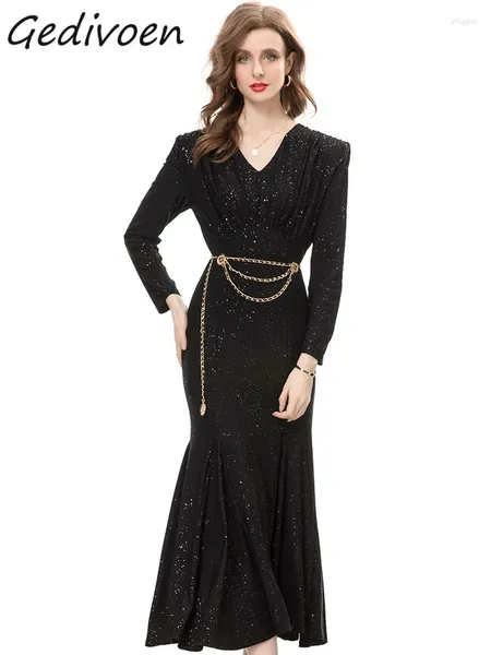 Vestidos informales Gedivoen Diseñador de moda Autumn Black Vintage Mermaid Vestido para mujeres V -Sequins Cadena de metal Buttocks Slim Long