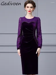 Robes décontractées Gedivoen Automne Fashion Runway Purple Luxury Splicced Robe Femme O Coule Lace Lace Long Gargette Diamond Buttock Slim