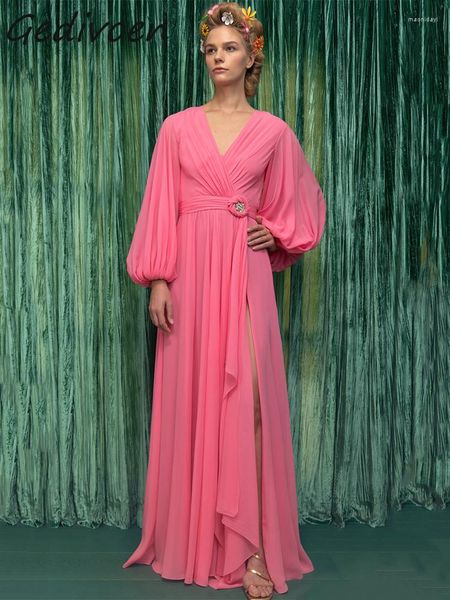 Robes décontractées Gedivoen Printemps Mode Piste Rose Vintage Robe de soirée Femmes V Cou À Manches Longues Diamant Haute Taille Élastique Slit Slim