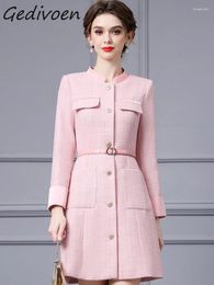 Vestidos informales Gedivoen Fashion Winter Fashion Runway Pink Vintage Party Dress Women Soport Button Pockets Fajas de cintura recolectada Mini