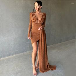 Robes décontractées Gentillove élégante femme sexy moulante à manches longues froncée profonde col en V Wrap Club Mini robe