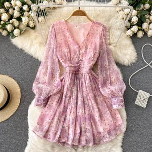 Casual jurken zachte Franse roze chiffon bloemen vrouwen kleden V-hals met lange mouwen zomerse bubbel A-lijn afgedrukt