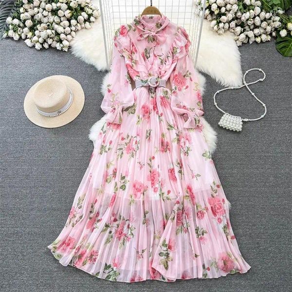 Vestidos casuales Estilo suave elegante vestido maxi floral para las mujeres otoño manga larga soporte cuello volante una línea impresión gasa plisada Z310 1