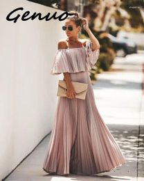 Casual Jurken Genuo Off Schouder Chiffon Zomer Vrouwen Ruche Geplooide Lange Jurk Roze Elegante Losse Vakantie Strand Vrouwelijke 2024