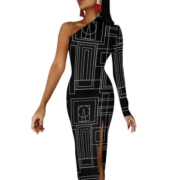 Vestidos casuales Geo Print Maxi Dress Manga larga Negro y gris Pretty Bodycon Otoño Streetwear Mujeres Ropa personalizada