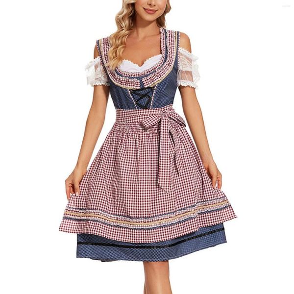 Robes décontractées Robe traditionnelle allemande à carreaux Dirndl Oktoberfest Costumes Outfit pour femmes Halloween Cosplay Fantaisie Maid Tablier Robe de fête