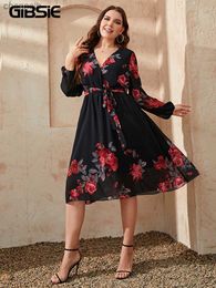 Robes décontractées GIBSIE grande taille imprimé fleuri surplis cou robe mi-longue ceinturée femmes printemps automne à manches longues élégant Vintage robes trapèze 2022 L230520