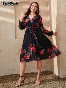 Casual jurken Gibsie Plus size floral print surplice nek midi riem riem jurk vrouwen lente herfst lange mouw elegante vintage a-line jurken 2022 l230520