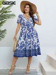 Casual jurken Gibsie plus size surplice nek puff puff mouw bloemenprint jurk vrouwen vakantie strand boho zomer a-line midi ruche zoom jurken 230412