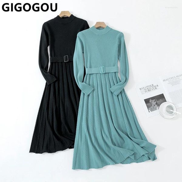 Robes décontractées Gigogou élégant long tricot femmes pull robe cordons plissés automne hiver chaud une ligne robe de soirée pull