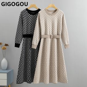 Abiti casual GIGOGOU Luxury Jacquard Women Long Knit Maglioni CHIC Autunno Inverno A Line Abiti con cintura Maxi Midi Party Dress 230313