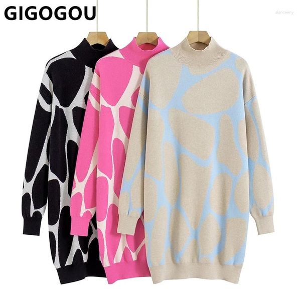 Vestidos casuales Gigogou Tie Dye Largo Punto Recto Mujeres Suéter Vestido Invierno Cálido Cuello Alto Túnica Otoño Jerseys Jumper Tops Femme