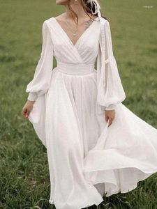 Robes décontractées fille gracieuse robe de fée blanc pur v cou long manche lanterne sexy backless swing marine maride célébration occasionnelle