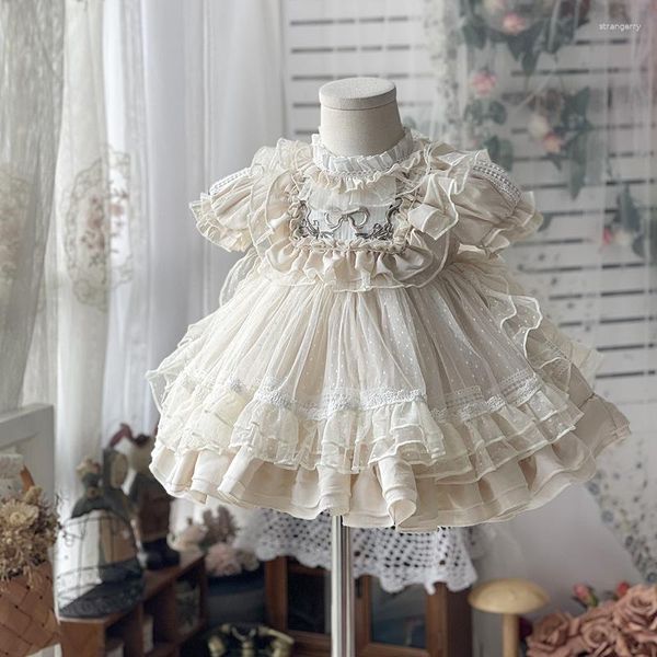 Vestidos casuales Niñas Otoño y verano Puff Manga larga Falda mullida Vestido lolita Princesa Boda Flor Chica Beige