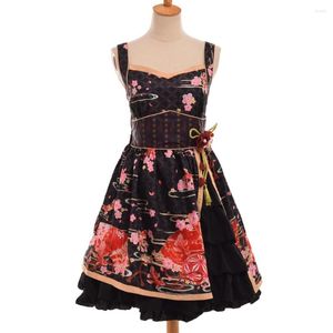 Robes décontractées Filles Vintage Japonais Lolita Jarretelles Noir Rouge Sakura Fleurs Imprimer JSK