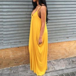 Casual jurken meisjes geel diep v schouderband vrouwen zomerjurk los lange maxi feest dames zon vestidos club slijtage outfits